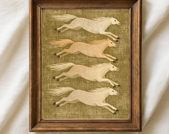 Arte de pared vintage de caballos corriendo, decoración escandinava, impresión verde antigua, póster retro de caballos