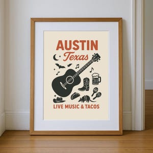 Austin Texas Wand Kunst, Vintage Retro Cowboy Raum Dekor, skurrile Land Western Stadt Poster - Digital Download