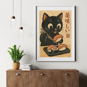 Sushi Katze Wand Kunst, Vintage Retro Essen Raum Dekor, Wunderliche asiatische Poster - Digitaler Download