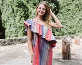 Rainbow Stripes Hand Dyed Cotton Asymmetry Off The Shoulder Dress Coral Purple Green Blue Mauve One Shoulder OTS Fashion