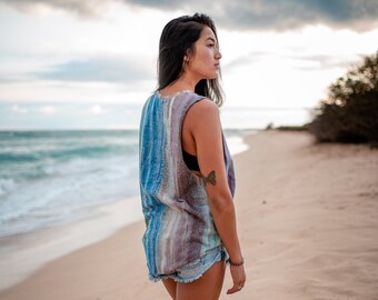 Blueberry Stripes Hand Dyed Cotton Jersey Muscle Tank Tunic, Handmade, One Size, Resort Fashion