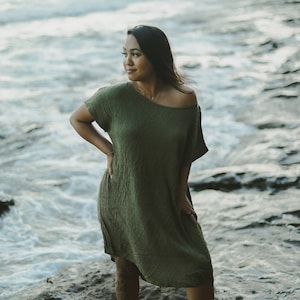 Crinkle Rayon Wide Neck or One Shoulder High-Low Blouse Dress / One Size / One Size Plus / Olive Swiss Dot / Black / Flowy Dress