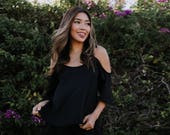 Sienna Cold Shoulder Top Black Crepe De Chine Lace Trim Crop Top Short Blouse Resort Fashion Fall Fashion Holiday Playsuit