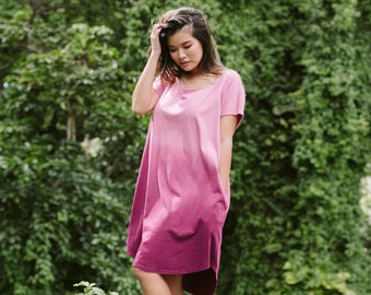 Pink or Blue Ombre Tulip Hem TShirt Dress with Pockets / Organic Cotton / Dusty Rose / Burgundy / Cobalt Blue / Black / Lounge Dress