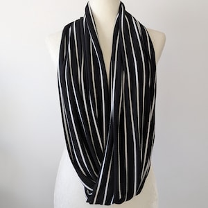 Black and White Striped Rib Knit Jersey Infinity Scarf / Soft Lightweight Scarf / Unisex Scarf / Gift / Handmade in USA / 19th & Whimsy