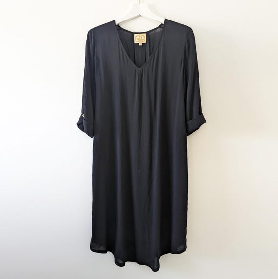 V-Neck Hand Dyed 3/4 Sleeve Semi-Fitted Midi Dress w/ Gold Buttons