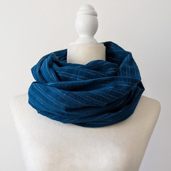 Cotton Gauze with Metallic Gold Pinstripes Infinity Scarf / Teal or Black