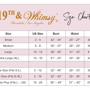 May include: Size chart for women's clothing with measurements in inches. The chart shows sizes from small to extra large, as well as one size options. The chart includes bust, waist, and hip measurements.