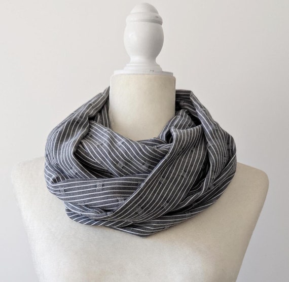 Gray White Pinstripe Rayon Woven Infinity Scarf