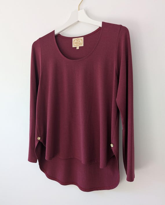Customizable Bamboo Rayon Cotton High-Low Gold Button Tee: Scoop Neckline, Choose Your Sleeve Length