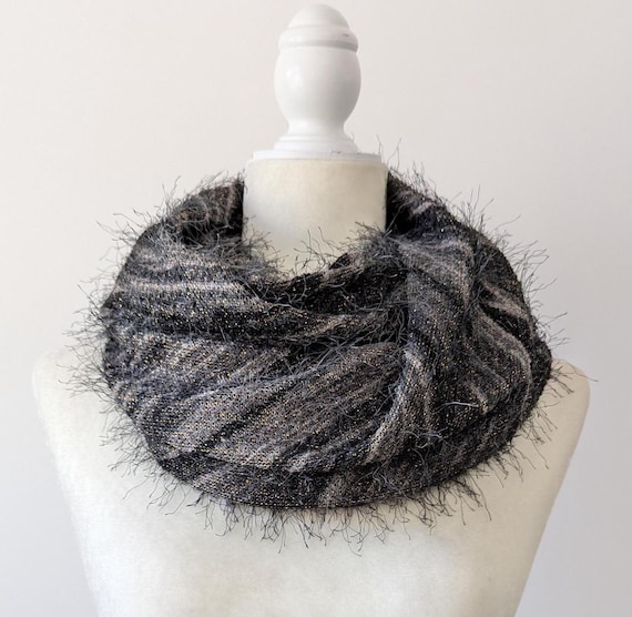 Gray Eyelash with Gold Sparkle Sweater Knit Infinity Scarf