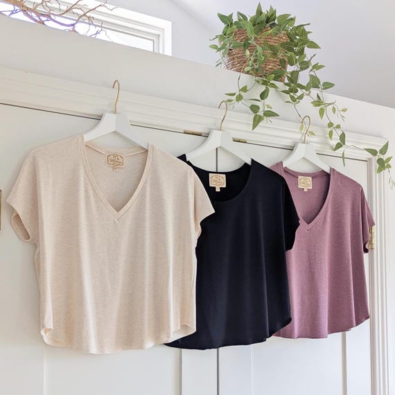 One Size Bamboo Rayon Cotton Cropped Tee / V-Neck or Scoop Neck