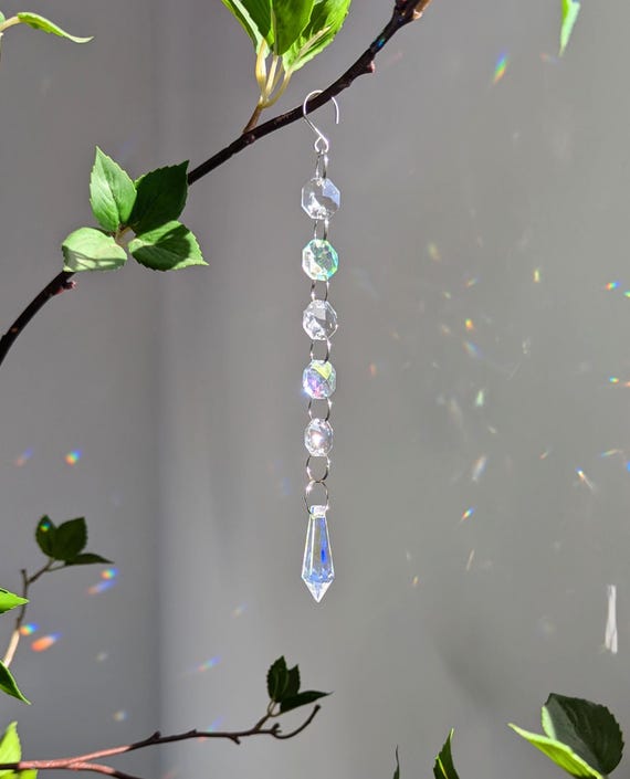Small Suncatcher / Leaded Glass AB Crystal Ball or AB Crystal Icicle / Gold or Silver
