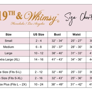 May include: Size chart for women's clothing with measurements in inches. The chart shows sizes from small to extra large, as well as one size options. The chart includes bust, waist, and hip measurements.