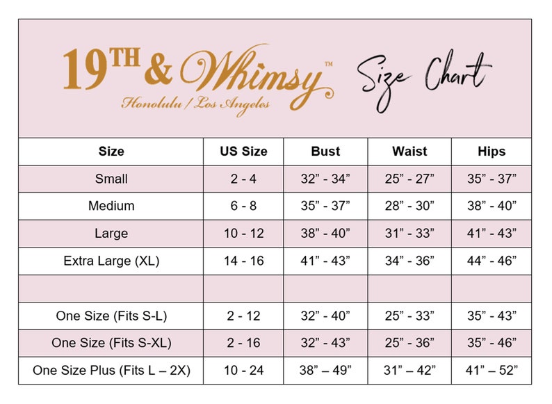 May include: Size chart for women's clothing with measurements in inches. The chart shows sizes from small to extra large, as well as one size options. The chart includes bust, waist, and hip measurements.