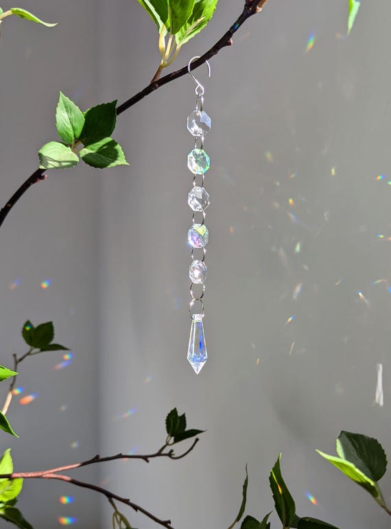 Small Suncatcher / Leaded Glass AB Crystal Ball or AB Crystal Icicle / Gold or Silver