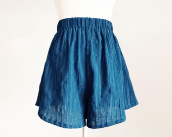 Teal Cotton Gauze Shorts: Gold Pinstripe High Waist Loungewear, Handmade Resort Fashion
