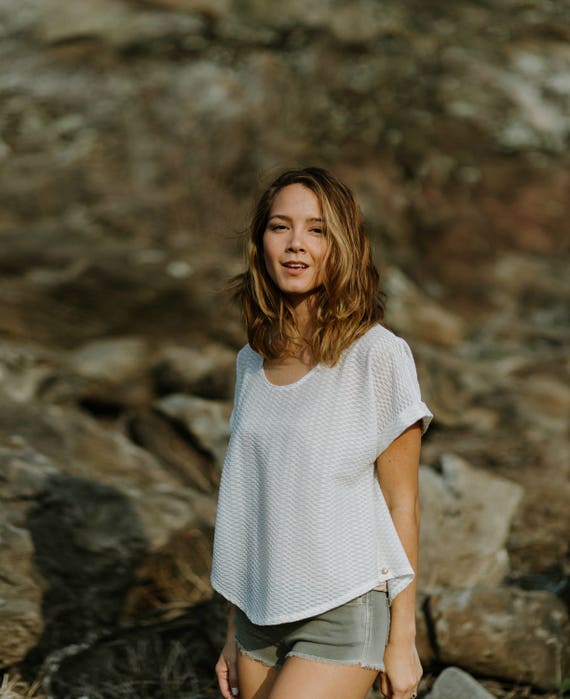 Charlotte Eggshell w/ Gold Bird's Nest Textured Boxy Cuffed Sheer Tee w/ 24K Gold Plated CZ Flower Buttons