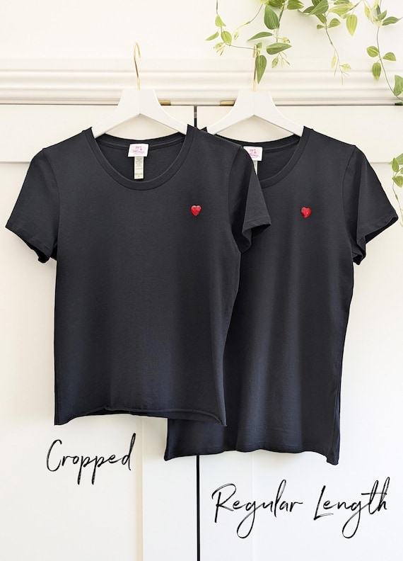 Black Organic Cotton Fitted T-Shirt w/ Your Choice of Heart Embellishment: Standard or Cropped, S-3XL