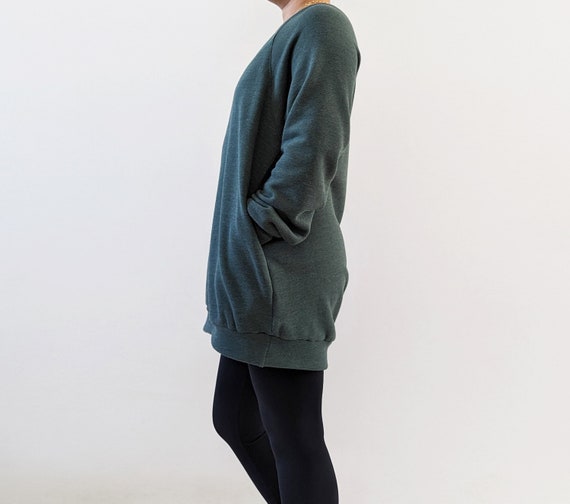 Cozy Heathered Fleece Tunic Sweatshirt with Side Seam Pockets / Dusty Spruce / Dusty Navy