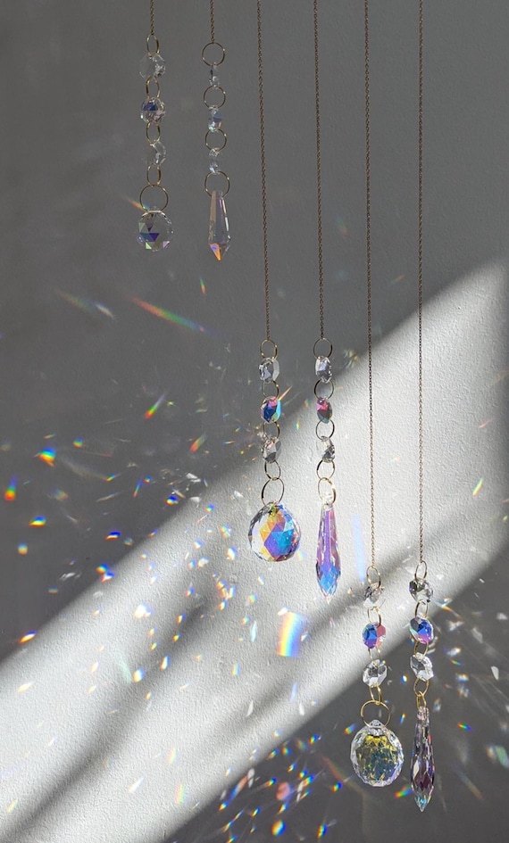 Large Crystal Chain Suncatcher / Leaded Glass AB Crystal Ball or Icicle / Bright Gold or Dark Silver
