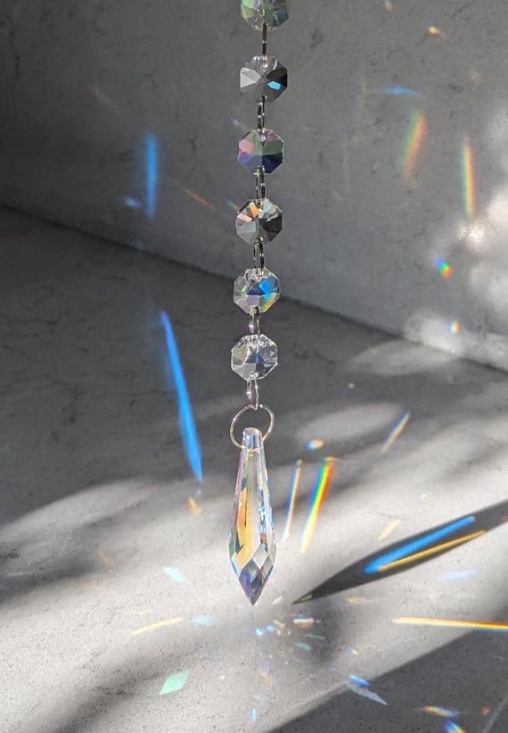 Large Suncatcher / Leaded Glass AB Crystal Ball or AB Crystal Icicle / Gold or Silver