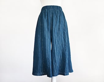 Gold Pinstripe Gauze Culottes: High Waist Lightweight Loungewear, Teal or Black, handmade Resort Fashion