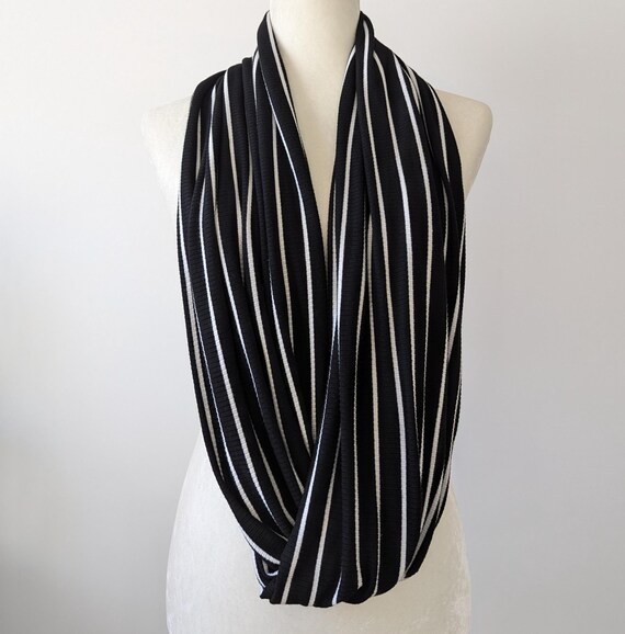 Black and White Striped Rib Knit Jersey Infinity Scarf