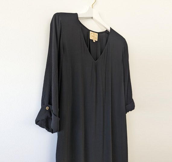 V-Neck Hand Dyed 3/4 Sleeve Semi-Fitted Midi Dress w/ Gold Buttons