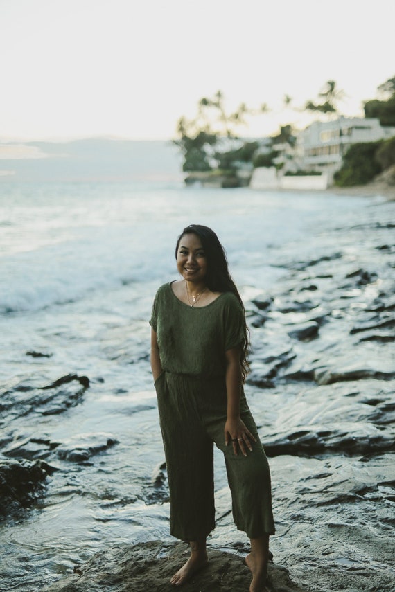 High Waist Culottes with Pockets / Crinkle Swiss Dot Rayon / Olive Green / Black