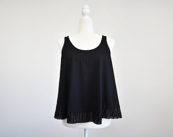 Black Organic Cotton Crop Tank: Gold Pinstripe Raw Edge Gauze Trim, Made in USA