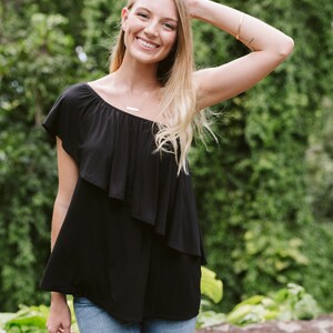 Jersey Asymmetry Off The Shoulder Top / More Colors / Flowy / Short Blouse / One Shoulder / Ruffle Blouse / Resort Fashion / Made in USA image 2