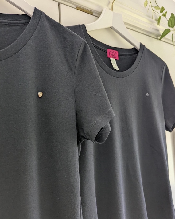 Black Organic Cotton Fitted T-Shirt w/ Your Choice of Crystal Skull Embellishment, Standard or Cropped, S-3XL