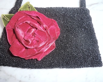 Vintage Black Beaded Bag with Red Velvet Rose SALE