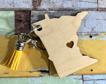 Minnesota Love Key Chain with Tassel, Wooden MN Key Chain