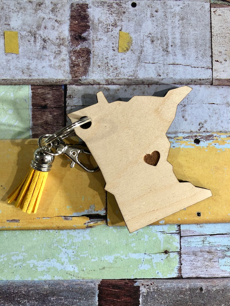 Minnesota Love Key Chain with Tassel, Wooden MN Key Chain image 1