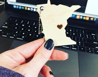 Minnesota Love Key Chain with Tassel, Wooden MN Key Chain