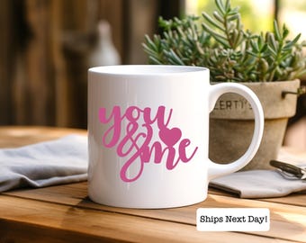 Valentine's Day Ceramic Coffee Mug - You and Me Pink Heart Couples Gift, Minimalistic Design