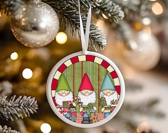 Cute Christmas Gnome with Christmas Tree Round Christmas Ornament, Christmas Ornament, Christmas Home Decor
