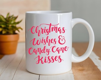Christmas Wishes Candy Cane Kisses Coffee Mug, 11 Ounce Cup