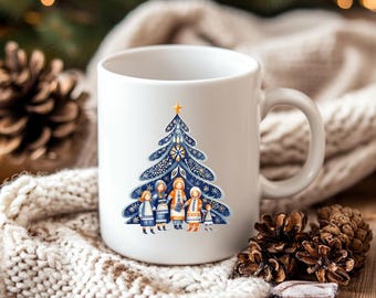 Nordic Family and Blue Tree Ceramic Mug, Folk Art 15 Ounce Mug, Christmas Coffee Mug, Coffee Mug, Christmas Ceramic Mug, Scandinavian Design