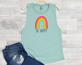 Be Happy with Boho Rainbow Festival Tank Top, Summer Apparel Top, Yoga Tank Top, Camping Shirt