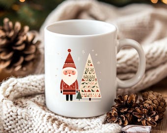 Nordic Santa and Tree Ceramic Mug, Folk Art 15 Ounce Mug, Christmas Coffee Mug, Coffee Mug, Christmas Ceramic Mug, Scandinavian Design