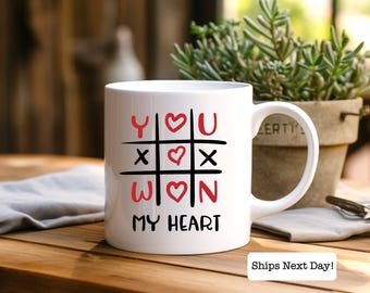 Valentine's Day Ceramic Coffee Mug - You Won my Heart Couples Gift, Tic Tac Toe Minimalistic Design