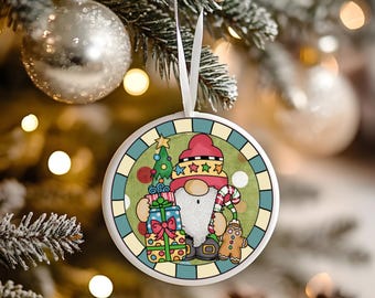 Cute Christmas Gnome with Christmas Tree Round Christmas Ornament, Christmas Ornament, Christmas Home Decor