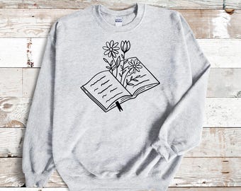 Open Book with Flowers Sweatshirt - Cozy Crew Neck Top - Bookish Apparel