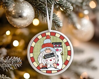Cute Christmas Gnome with Snowman Round Christmas Ornament, Christmas Ornament, Christmas Home Decor