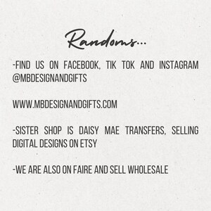 May include: A cream-colored background with the word "Randoms..." in a cursive font. Text below lists social media handles, a website address, and information about a sister shop selling digital designs on Etsy.