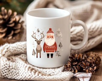 Nordic Santa and Deer Ceramic Mug, Folk Art 15 Ounce Mug, Christmas Coffee Mug, Coffee Mug, Christmas Ceramic Mug, Scandinavian Design