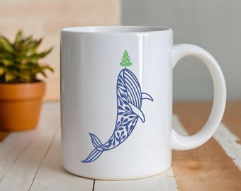 Whale and Christmas Tree Coffee Mug, 11 Ounce Cup